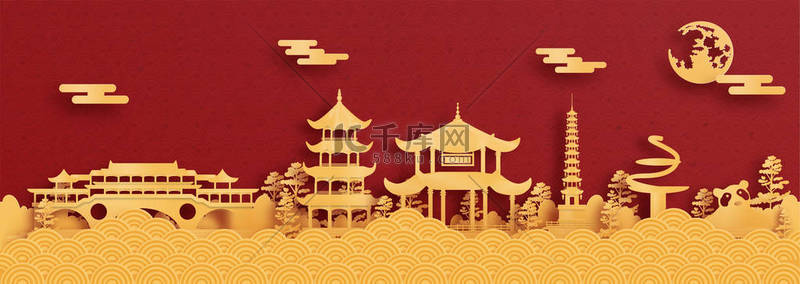 中国成都世界著名地标全景明信片和旅游海报的剪纸风格矢量图解