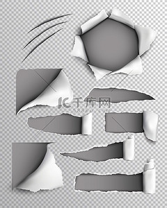 带有一组撕裂孔的透明纸撕裂片，带有卷边逼真矢量插图。
