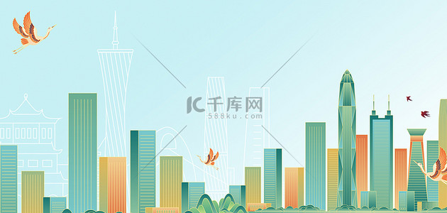 广州街头背景图片_广州地标性建筑蓝色扁平banner