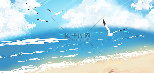 海浪手绘背景图片_夏天大海蓝色手绘插画背景