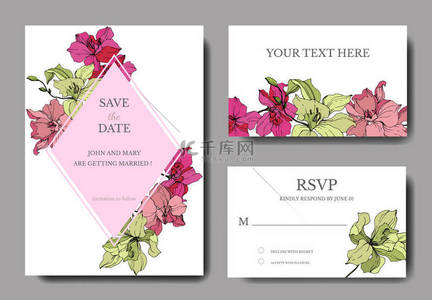 中式婚礼背景图片_美丽的兰花刻有艺术。带有花卉装饰边框的婚礼卡片。谢谢你, rsvp, 邀请优雅的卡片插图图形集.