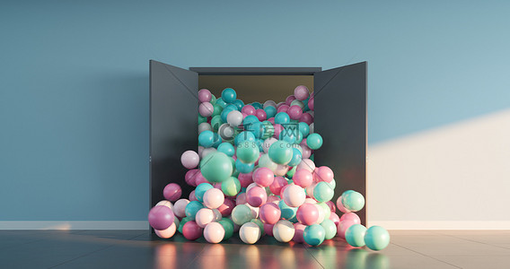 Colored balls pour out of the open doors into a large interior space