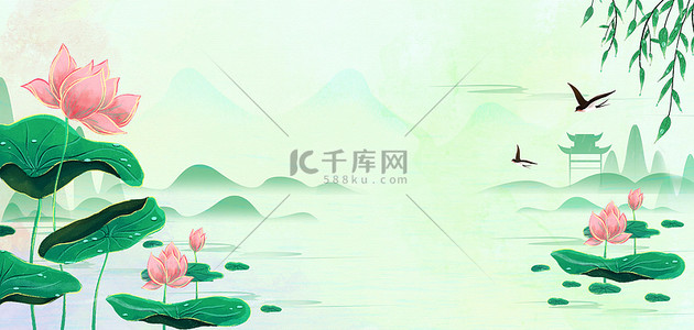 夏季背景图片_夏季荷叶荷花绿色中国风背景
