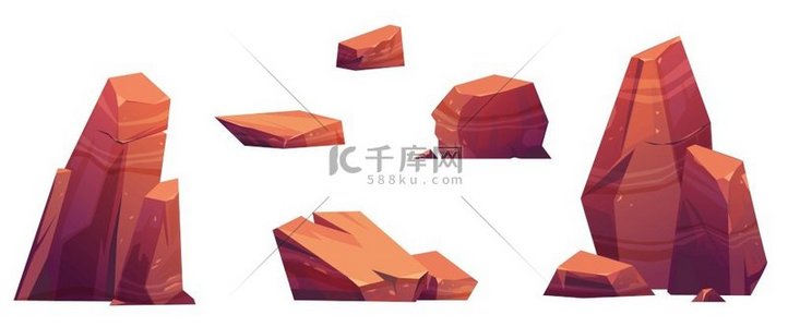沙漠的石头山上的岩石块和碎片自然地质材料用于电脑游戏形成或元素的纹理隔离在白色背景上卡通矢量插图图标集沙漠石头山石块和碎片套装