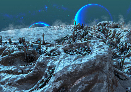 蓝色月亮背景图片_冰冻的外星土地的幻想场景，蓝色月亮的背后. 