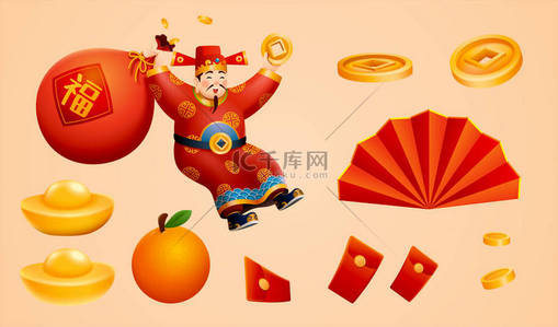 CNY财富元素设置。春节图片盒，包括金锭、金币、红包和财神，上面有一个幸运的包，上面写着中文祝福
