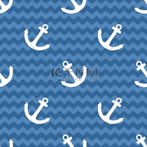 雪佛龙公司背景图片_平铺水手矢量模式与深海军蓝色条纹背景上的白色锚点