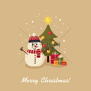 圣诞树附近的雪人与礼物。圣诞快乐, 新年愉快。节日贺卡。孤立向量例证.