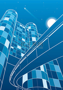 电商设计背景图片_商务楼，立交桥，夜晚的城市，飞机飞行，矢量设计艺术