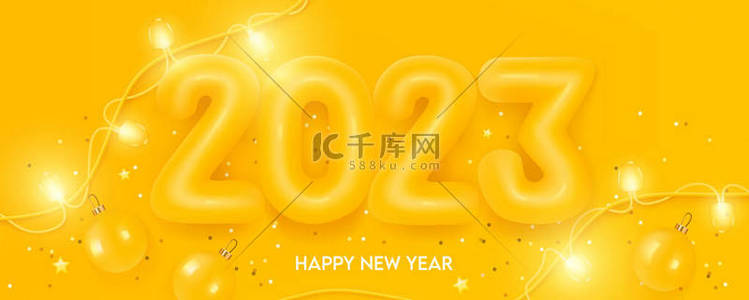 Happy new year 2023. 3D Yellow balloon numbers with Christmas decoration on yellow background. Holiday greeting card design.