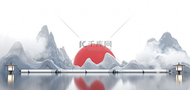 中式背景图片_简约立体新中式山水抽象C4D背景