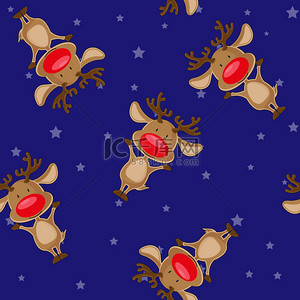 矢量无缝圣诞背景: 圣诞老人的鹿对着星星背景