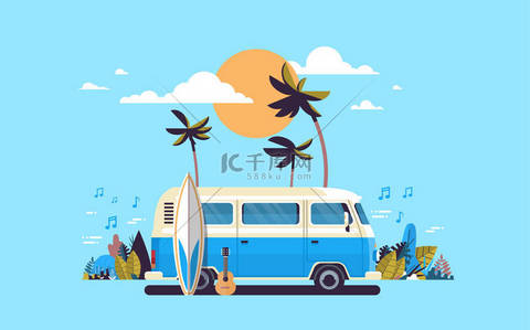 夏日假期冲浪巴士日落热带海滩复古冲浪复古旋律贺卡卧式模板海报平面