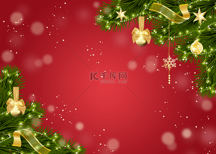 新年快乐背景图片_圣诞植物叶片金色铃铛装饰背景