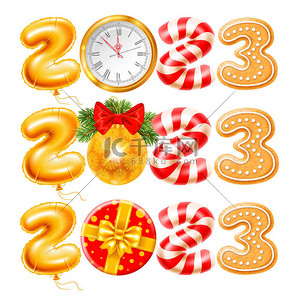 Merry Christmas and Happy New Year 2023. Set of isolated creative digits 2023 made of golden foil balloon, clock, gingerbread, christmas ball, gift and candy cane. Vector illustration圣诞 新年
