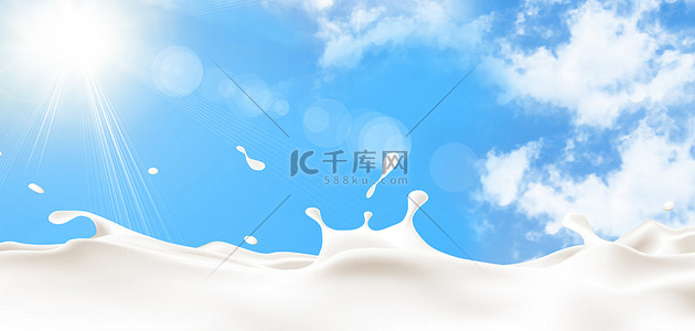 清新饮品背景图片_牛奶促销天空蓝色电商清新海报背景