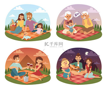 度假背景图片_家庭野餐夏季快乐的生活方式公园户外一起，享受草地度假字符载体.