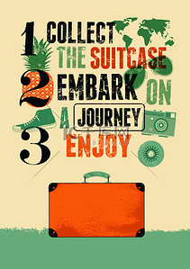 排印复古 grunge 旅行海报与旧手提箱。矢量图.