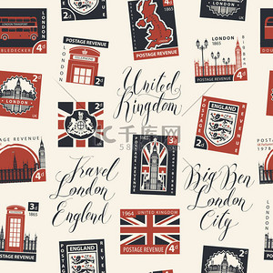 英国背景背景图片_英国主题与邮票无缝模式