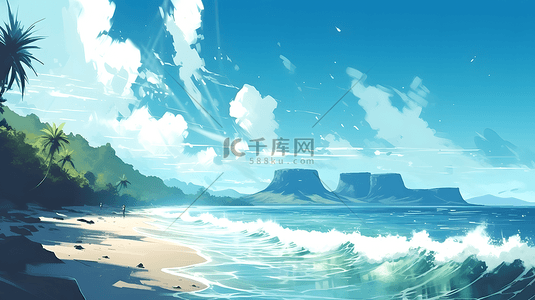 大海沙滩背景图片_大场景蓝色大海海浪背景插画