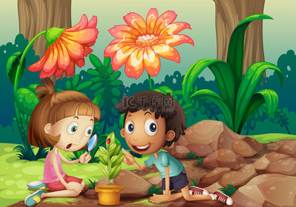 男孩放大镜背景图片_一个女孩和一个男孩用放大镜看植物