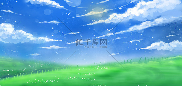 夏季背景图片_清新草地蓝天白云日系唯美夏天夏季海报背景