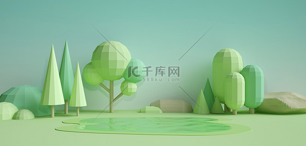 banner促销背景图片_C4D树木绿色低面banner