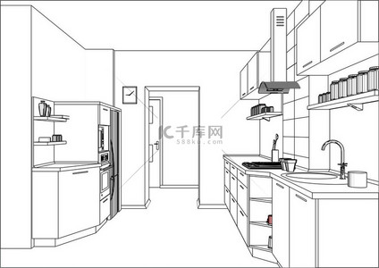 室内背景图片_3d 矢量草图。公寓室内现代厨房家具设计. 