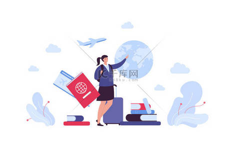 Education travel concept. Vector flat person illustration. Girl student in uniform with backback and baggage. Passport, ticket, book, plane and planet earth symbol. Design abroad educational trip