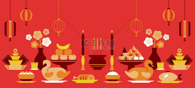 农历新年、祭祀物品背景、传统崇拜、食物及水果