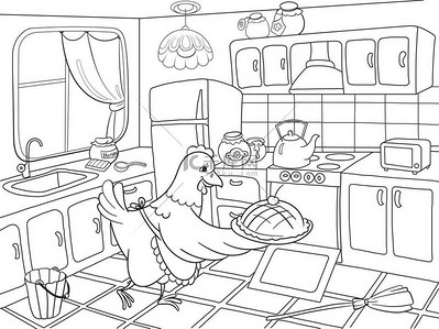妈妈在厨房里的鸡在家庭着色书的食物准备儿童卡通矢量插图