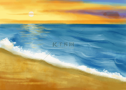 日落大海沙滩水彩背景