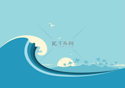 矢量海洋背景背景图片_大海洋波和热带岛屿。矢量蓝色背景