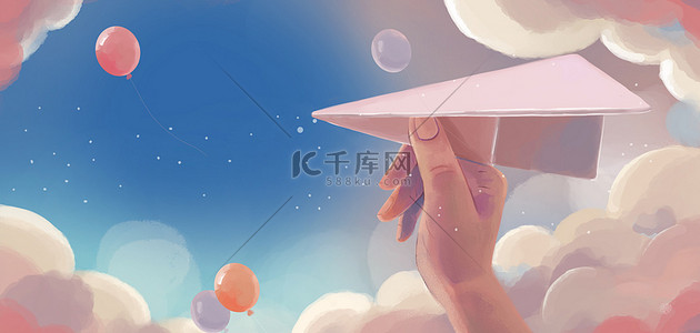 云朵飞机背景图片_毕业季飞机彩色卡通插画背景