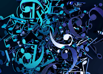 音乐海报音符背景图片_3d蓝色绿色金属反光乐符堆叠