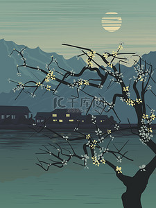 天空背景图片_晚上在湖岸上的矢量图村.