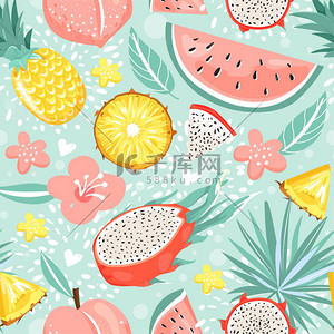 现代无缝的图案与菠萝，龙果，西瓜，桃子，花，叶和心脏。夏季氛围.
