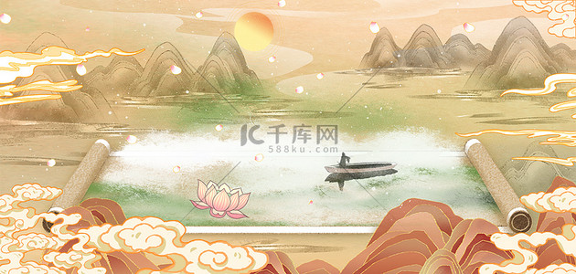 中国复古背景图片_卷轴国潮山水褐色中国风插画海报背景