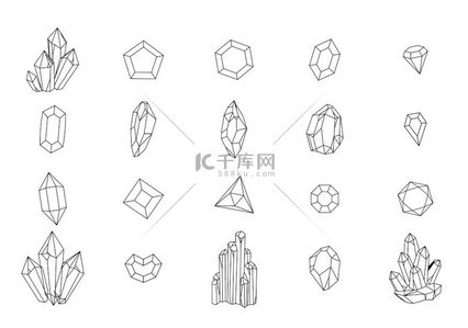 一组几何晶体黑白线条水晶和手绘石头珠宝宝石豪华石笋和钟乳石黑色轮廓元素隔离在白色背景矢量集合上一组几何晶体黑白线晶体