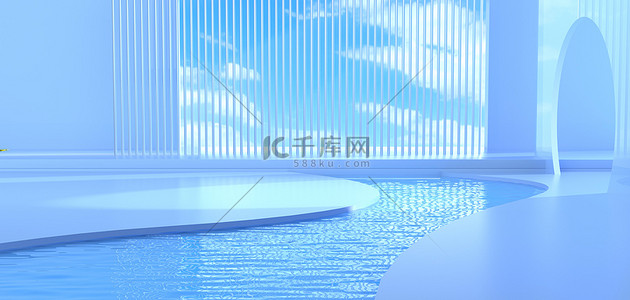 室内背景图片_简约C4D天空水池蓝色C4D3D立体背景