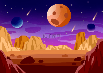 沙漠夜空背景图片_行星地表太空夜晚星空卡通风格背景