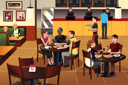 长条披萨背景图片_年轻人在一家餐馆一起吃披萨