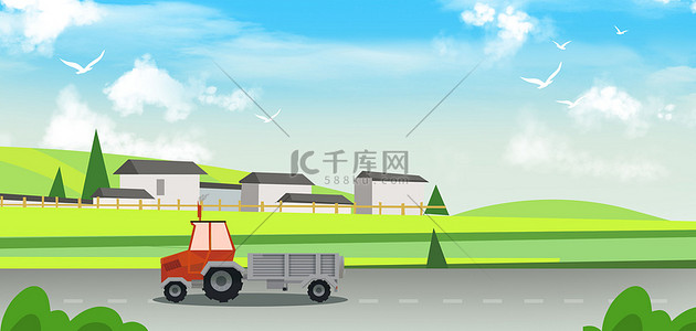 中央一号文件背景图片_三农农用车稻田绿色简约背景