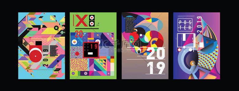 2019年杂志新海报和封面设计模板。时尚矢量版式和五颜六色的插图拼贴封面和页面布局设计模板