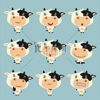 人物背景图片_一套卡通人物的小搞笑奶牛与不同的情绪 