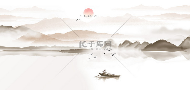中国风山水渔船水墨古风意境海报背景