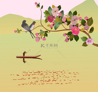樱花背景图片_樱花、 鸟、 弹簧、 明信片 .