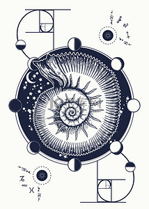 黄金分割的纹身。空间亚扪人和月亮阶段