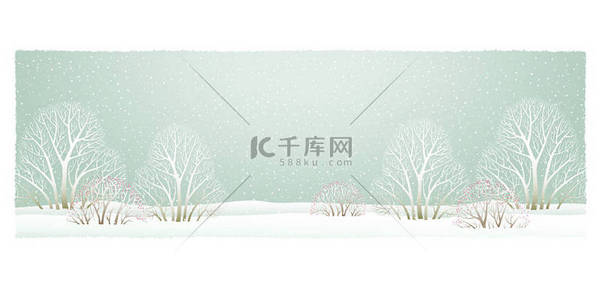 冬天背景图片_冬天背景为文本与白色冬天树和灌木的图片与红色莓果, 站立在雪, 在背景绿色天空和下落的雪花.