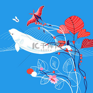 海洋背景图片_植物中间有鲸鱼的矢量海洋插图